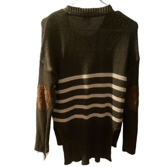 Alya Womens Hunter Green Knit Sweater with Cream Stripes, Leather Elbow … - Picture 3 of 10